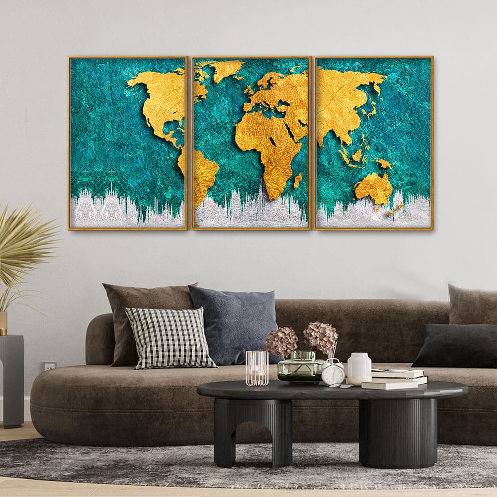 Golden World Map Floating Canvas Wall Painting Set of Three