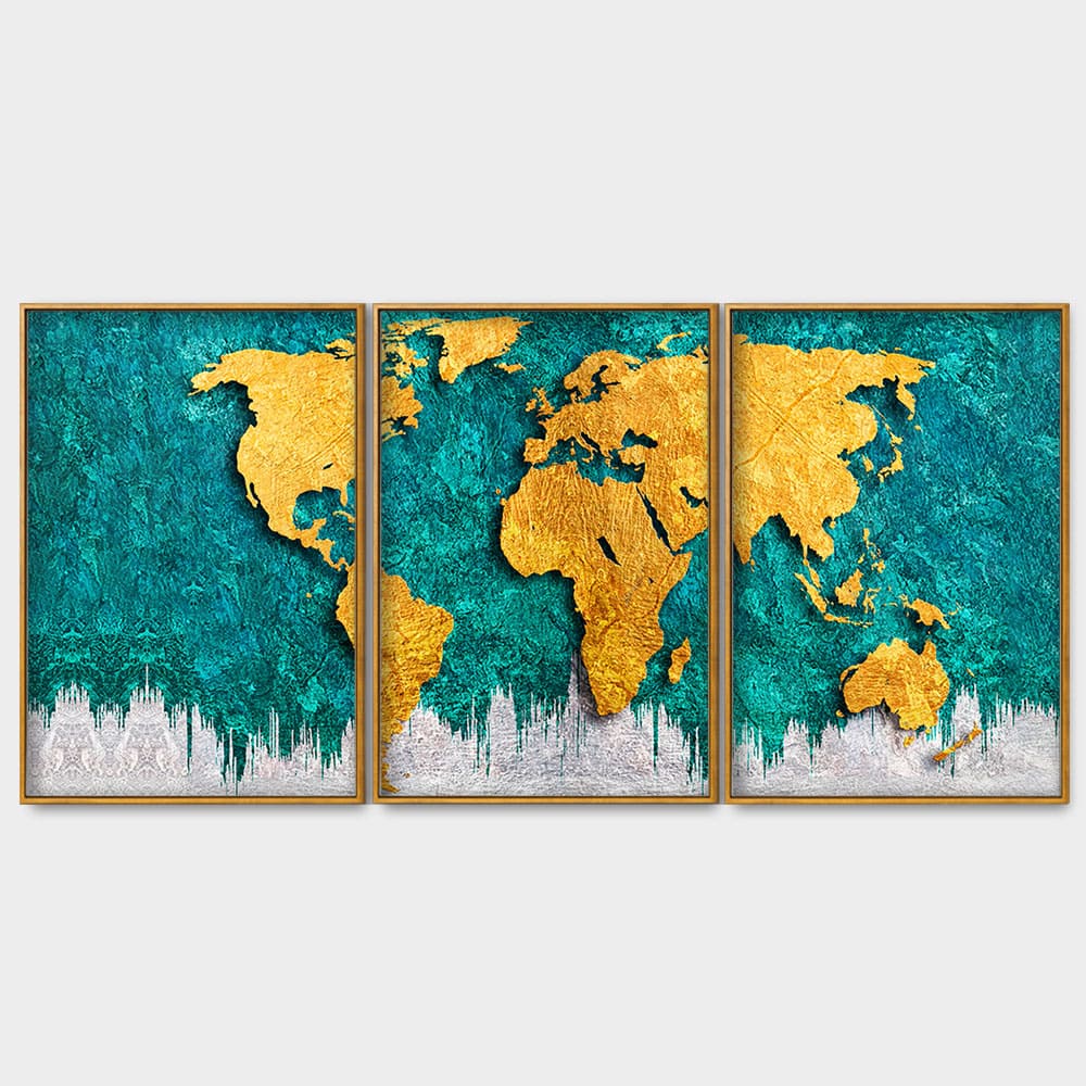 Golden World Map Floating Canvas Wall Painting Set of Three