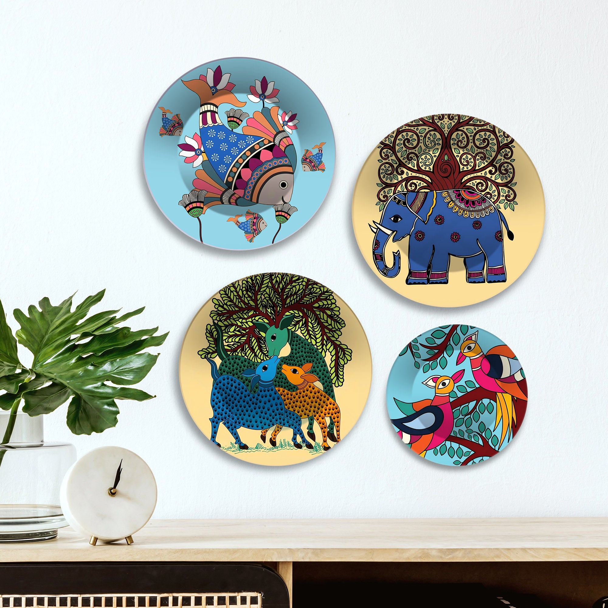 Gond Art Inspired Animal Tales Premium Wall Plates Painting Set of Four