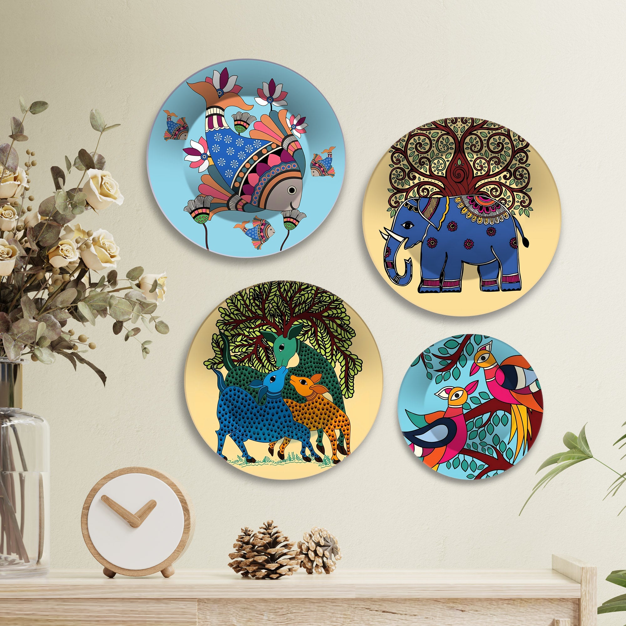 Gond Art Inspired Animal Tales Premium Wall Plates Painting Set of Four