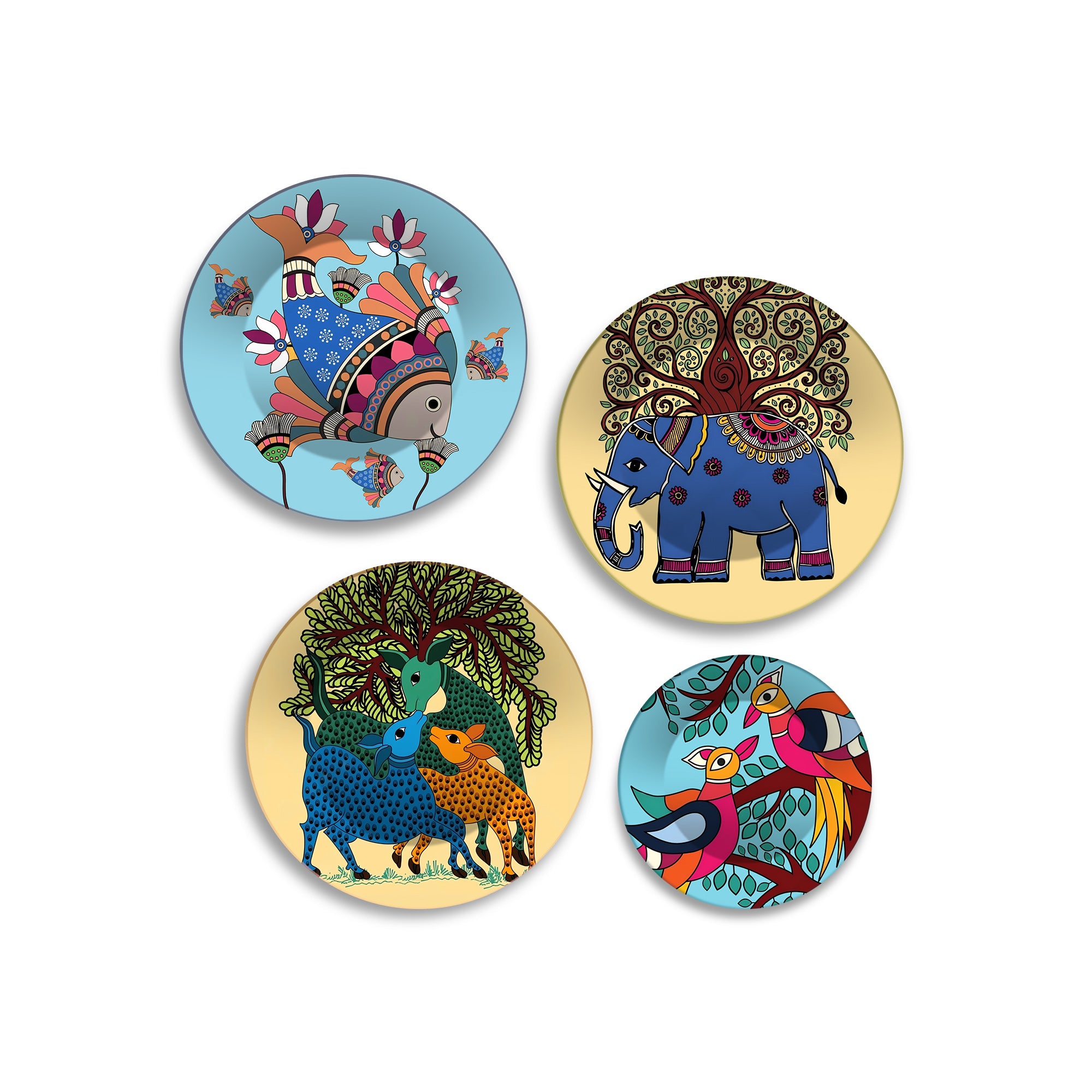Gond Art Inspired Animal Tales Premium Wall Plates Painting Set of Four