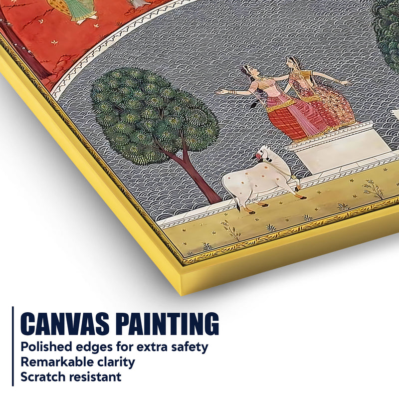 Gopis Dancing with Cows & Peacocks in Serene Forest Pichwai Canvas Wall Painting