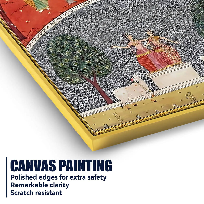Gopis Dancing with Cows & Peacocks in Serene Forest Pichwai Canvas Wall Painting