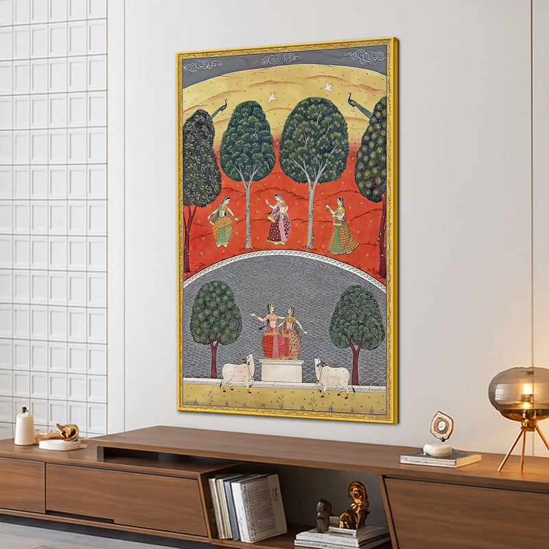 Gopis Dancing with Cows & Peacocks in Serene Forest Pichwai Canvas Wall Painting