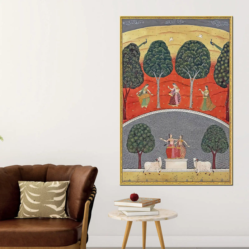 Gopis Dancing with Cows & Peacocks in Serene Forest Pichwai Canvas Wall Painting