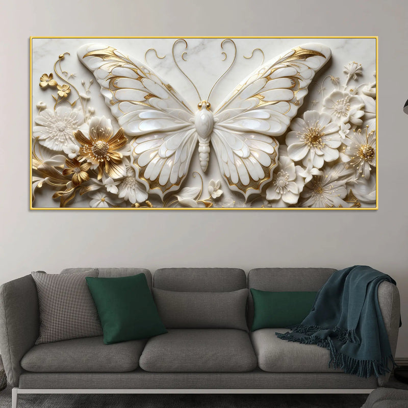 Gorgeous Butterfly in Golden Floral Garden 3D Canvas Wall Painting