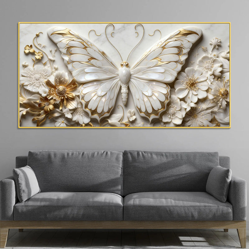 Gorgeous Butterfly in Golden Floral Garden 3D Canvas Wall Painting