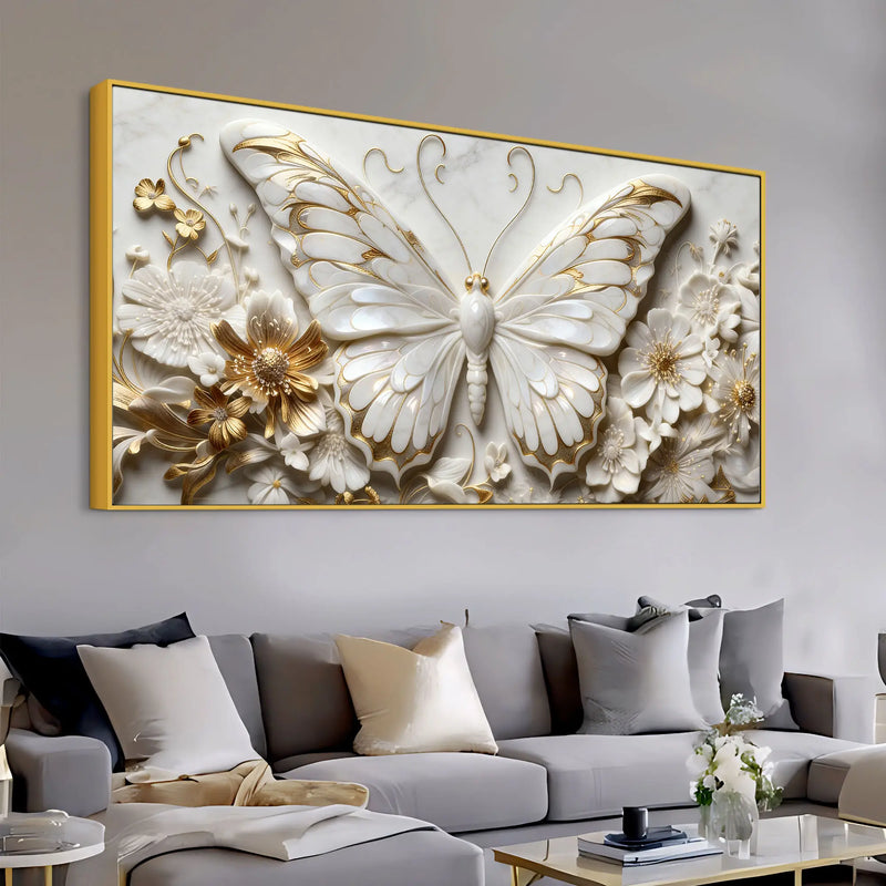 Gorgeous Butterfly in Golden Floral Garden 3D Canvas Wall Painting