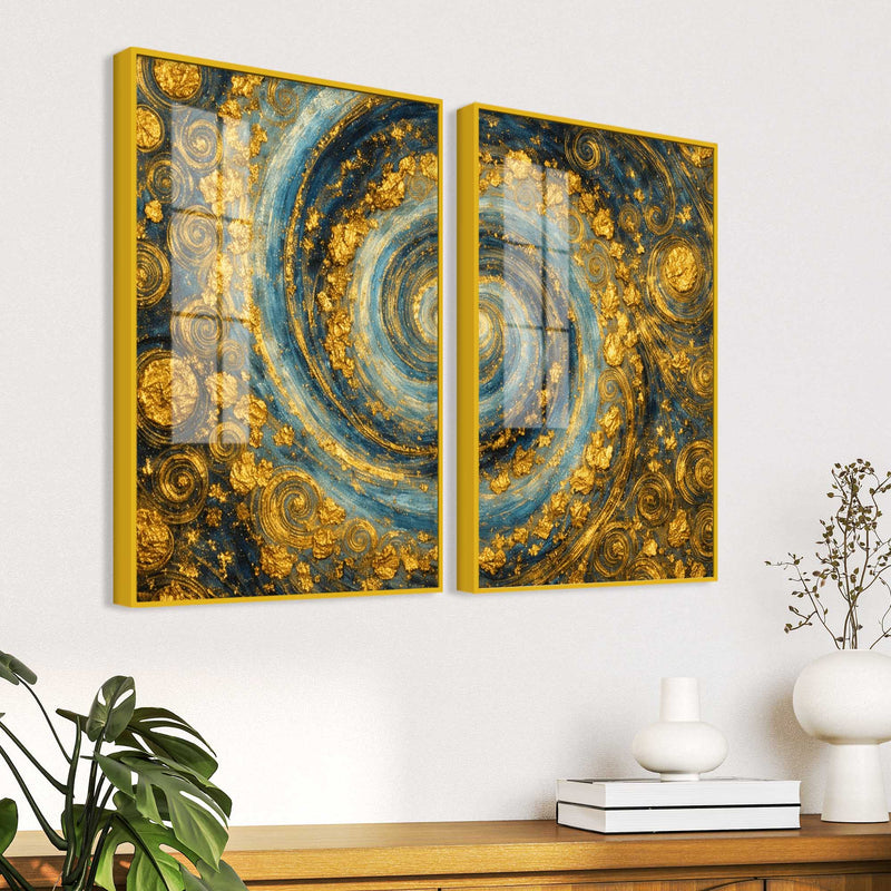 Gorgeous Golden Cosmic Spiral Acrylic Floating Wall Painting Set of 2