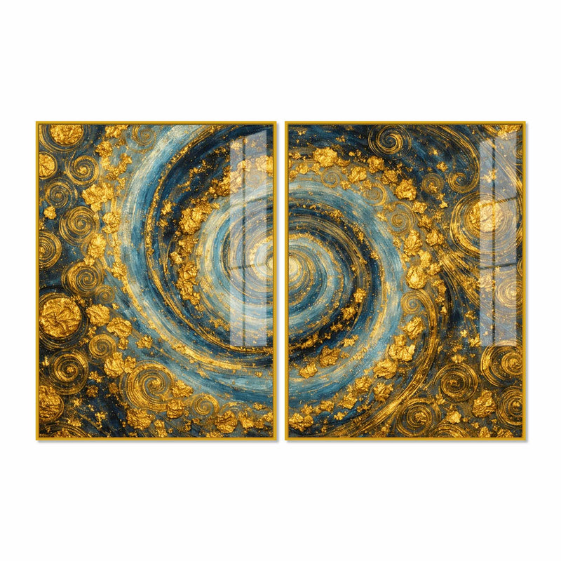 Gorgeous Golden Cosmic Spiral Acrylic Floating Wall Painting Set of 2