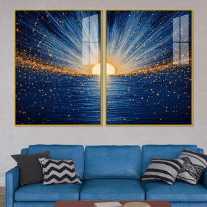 Gorgeous Golden Sunrise Over Ocean Acrylic Floating Wall Painting Set of 2
