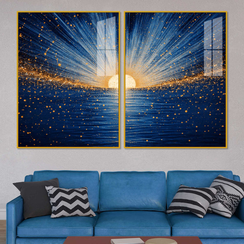 Gorgeous Golden Sunrise Over Ocean Acrylic Floating Wall Painting Set of 2