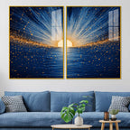 Gorgeous Golden Sunrise Over Ocean Acrylic Floating Wall Painting Set of 2