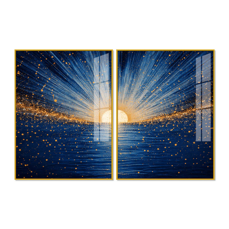 Gorgeous Golden Sunrise Over Ocean Acrylic Floating Wall Painting Set of 2