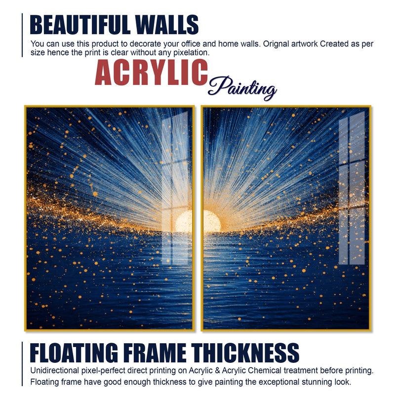 Gorgeous Golden Sunrise Over Ocean Acrylic Floating Wall Painting Set of 2