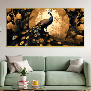 Gorgeous Peacock Under the Golden Moon Canvas Wall Painting