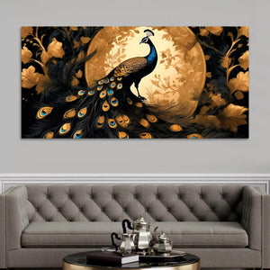 Gorgeous Peacock Under the Golden Moon Canvas Wall Painting