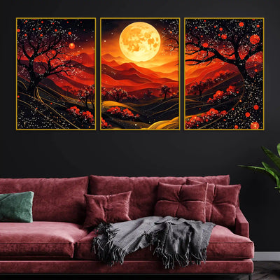 gorgeous-red-black-night-landscape-with-golden-moon-floating-frame-crystal-wall-painting-set-of-3