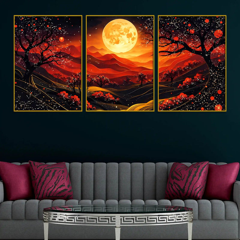 Gorgeous Red Black Night Landscape with Golden Moon Floating Frame Crystal Wall Painting Set of 3
