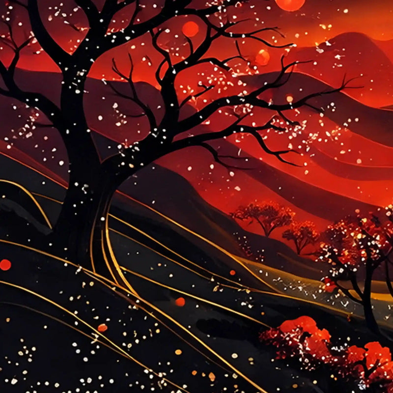 Gorgeous Red Black Night Landscape with Golden Moon Floating Frame Crystal Wall Painting Set of 3