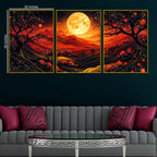 Gorgeous Red Black Night Landscape with Golden Moon Floating Frame Crystal Wall Painting Set of 3