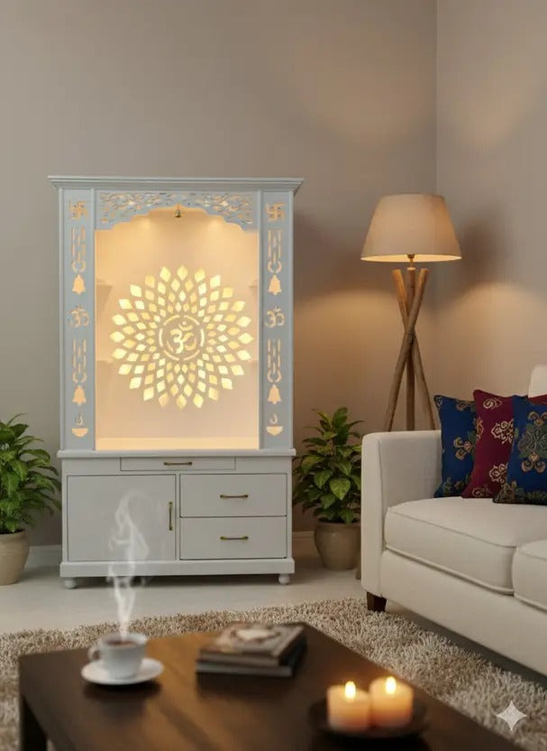 Gorgeous White Wooden Temple with OM LED Back Panel & Spacious Drawers Storage Cabinet for Home & Office