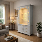 Gorgeous White Wooden Temple with OM LED Back Panel & Spacious Drawers Storage Cabinet for Home & Office