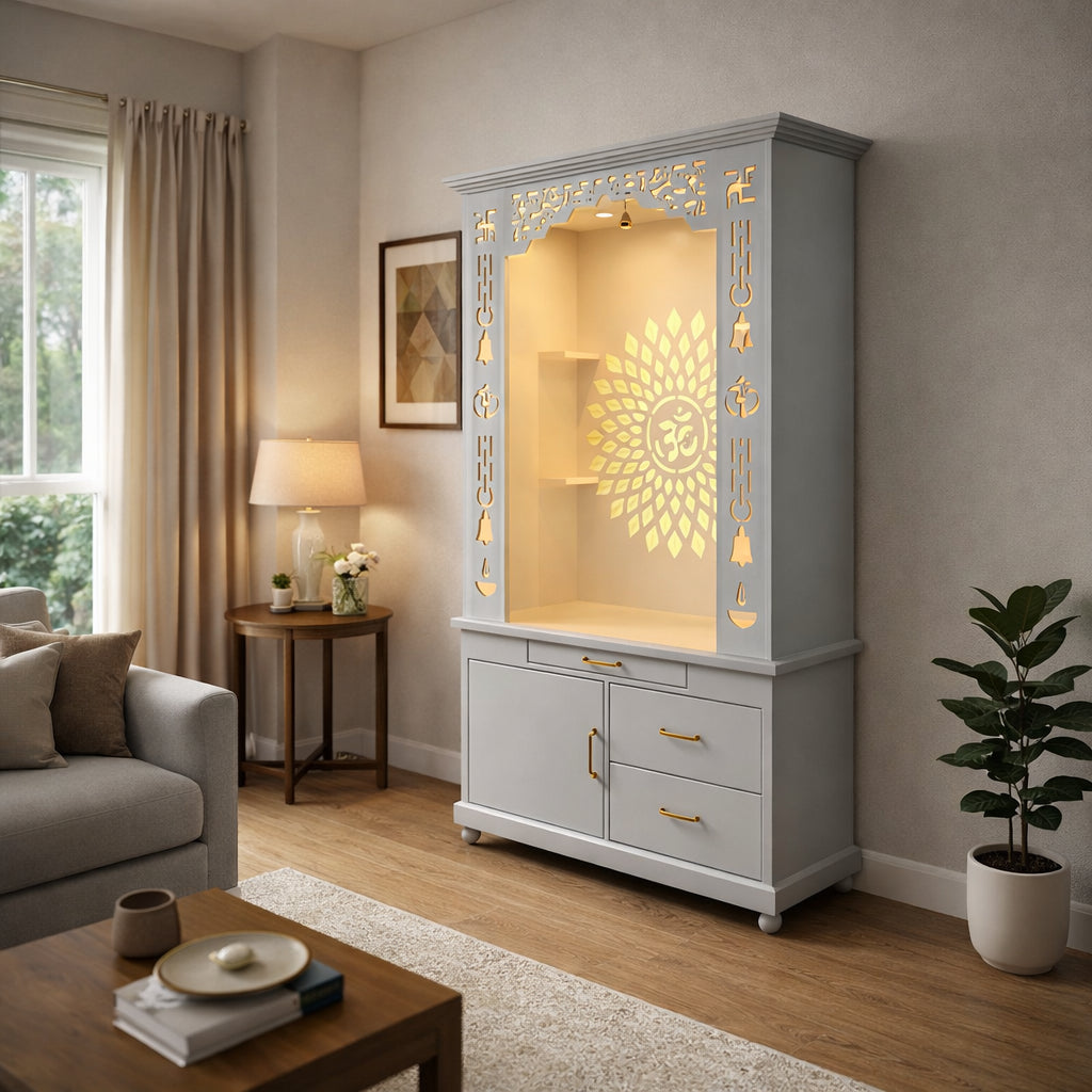 Gorgeous White Wooden Temple with OM LED Back Panel & Spacious Drawers Storage Cabinet for Home & Office