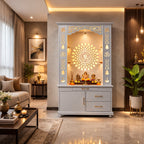 Gorgeous White Wooden Temple with OM LED Back Panel & Spacious Drawers Storage Cabinet for Home & Office