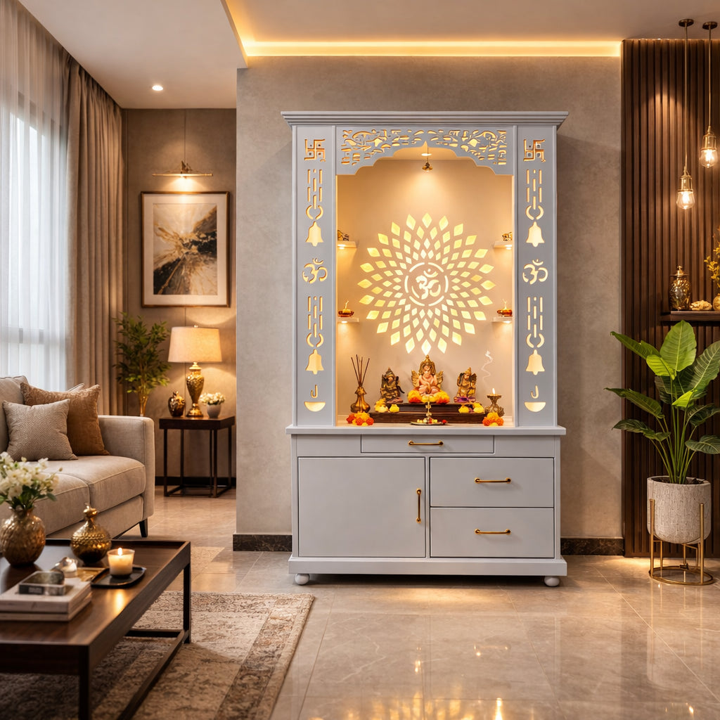 Gorgeous White Wooden Temple with OM LED Back Panel & Spacious Drawers Storage Cabinet for Home & Office