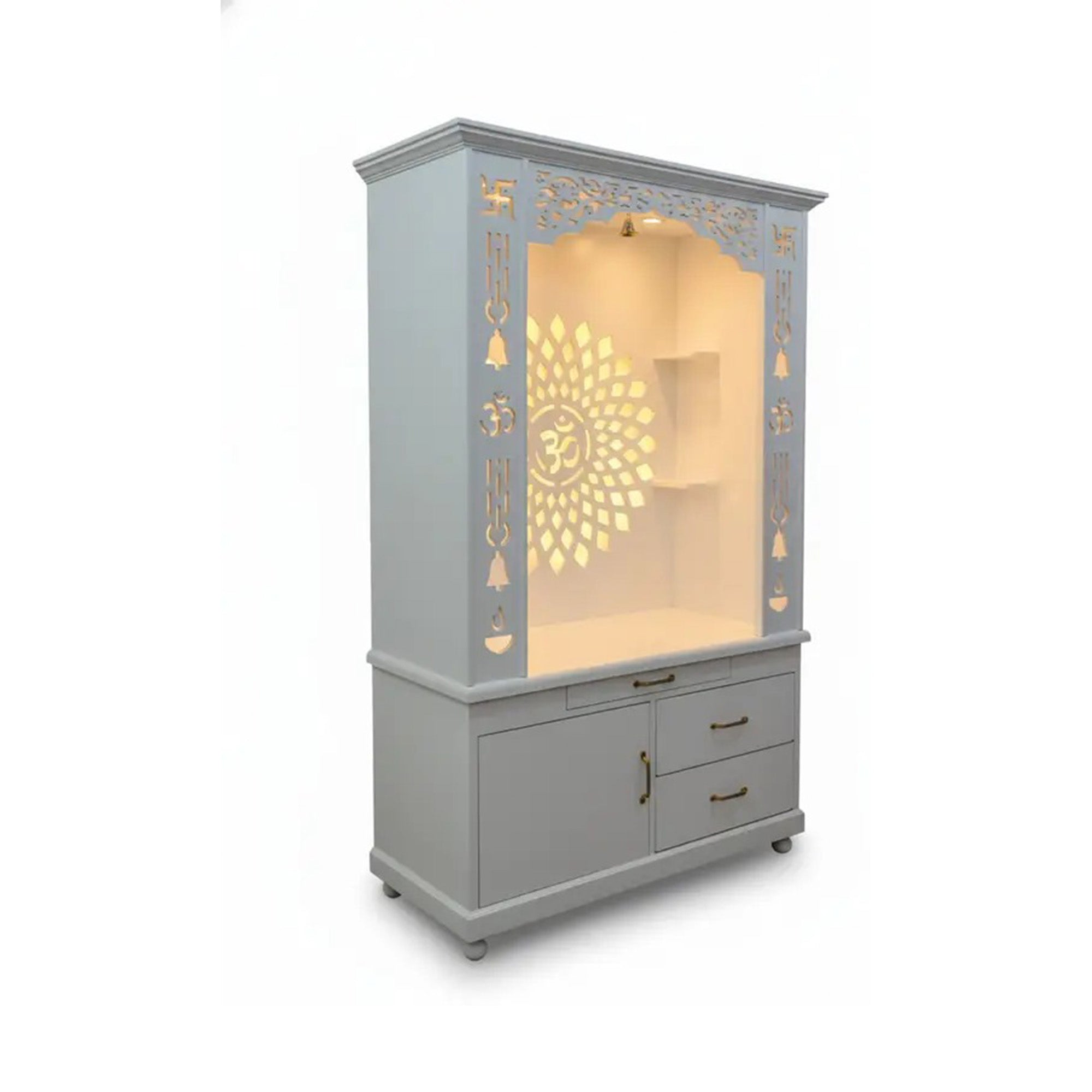Gorgeous White Wooden Temple with OM LED Back Panel & Spacious Drawers Storage Cabinet for Home & Office