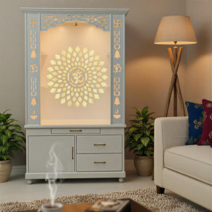 Gorgeous White Wooden Temple with OM LED Back Panel & Spacious Drawers Storage Cabinet for Home & Office