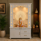 Gorgeous White Wooden Temple with OM LED Back Panel & Spacious Drawers Storage Cabinet for Home & Office