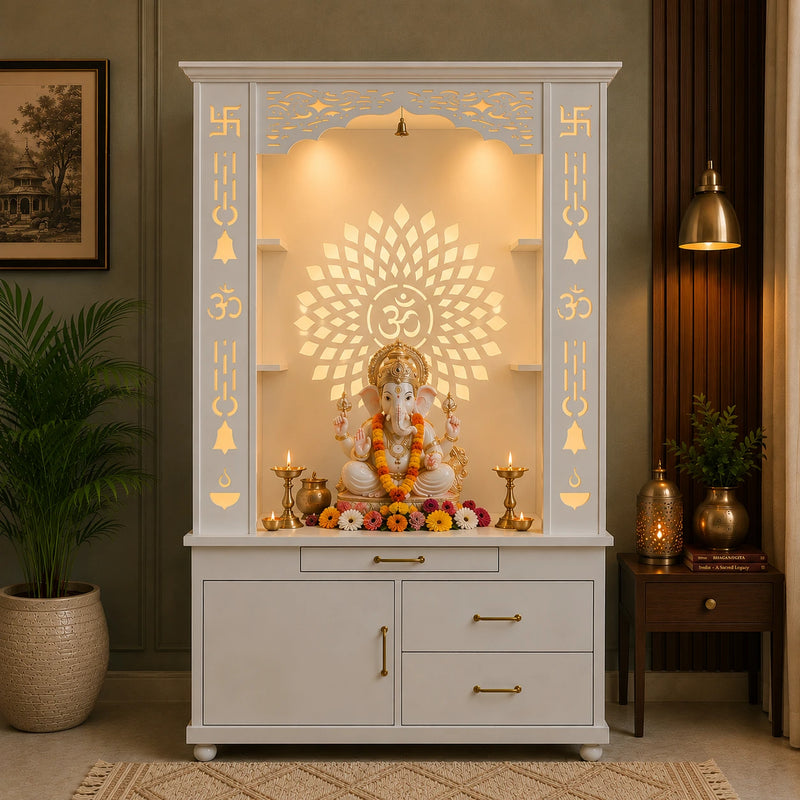 Gorgeous White Wooden Temple with OM LED Back Panel & Spacious Drawers Storage Cabinet for Home & Office