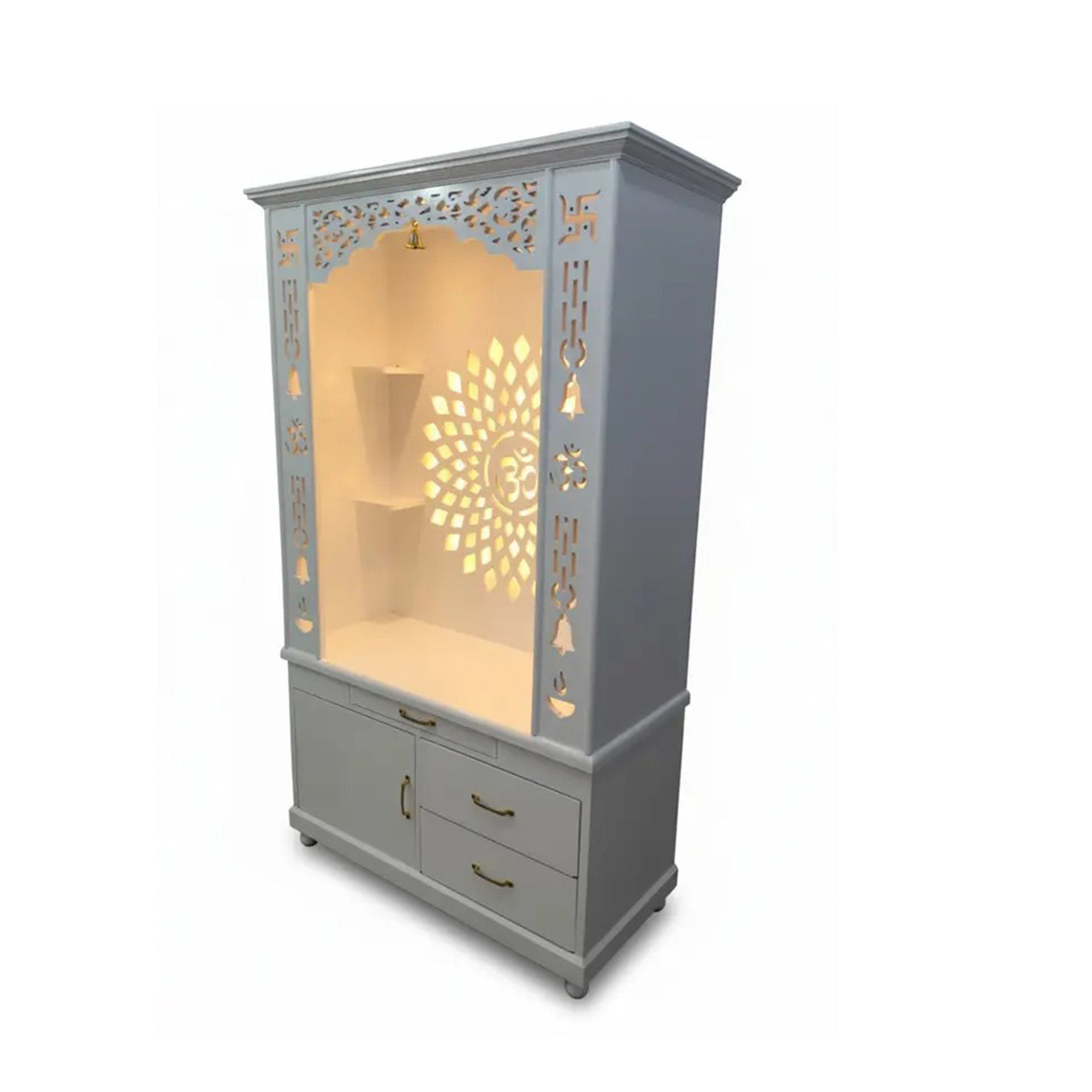 Gorgeous White Wooden Temple with OM LED Back Panel & Spacious Drawers Storage Cabinet for Home & Office
