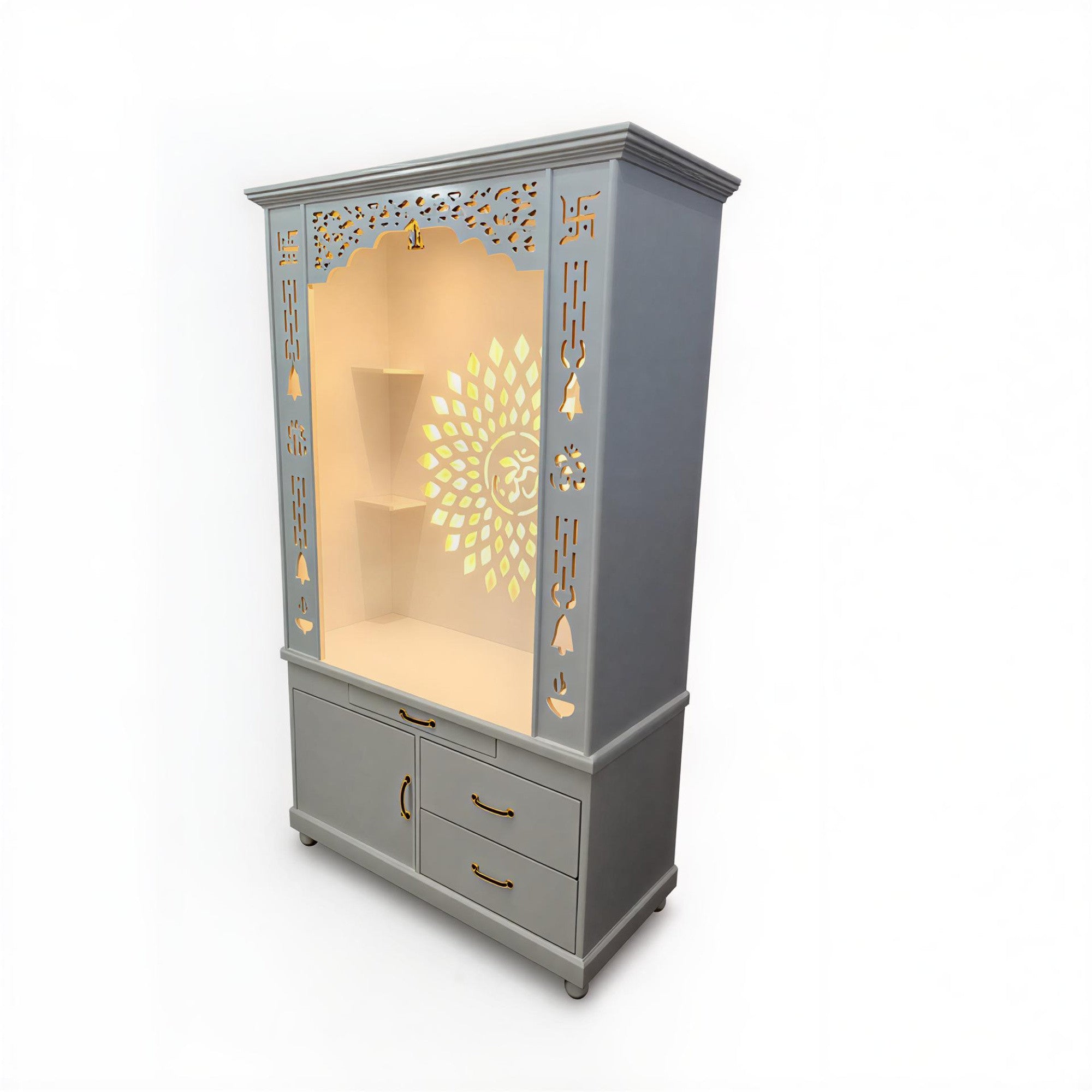 Gorgeous White Wooden Temple with OM LED Back Panel & Spacious Drawers Storage Cabinet for Home & Office