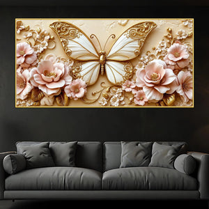 Graceful Butterfly Among Pink Flowers Premium 3D Canvas Wall Painting