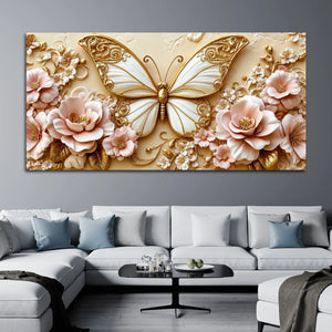 Graceful Butterfly Among Pink Flowers Premium 3D Canvas Wall Painting