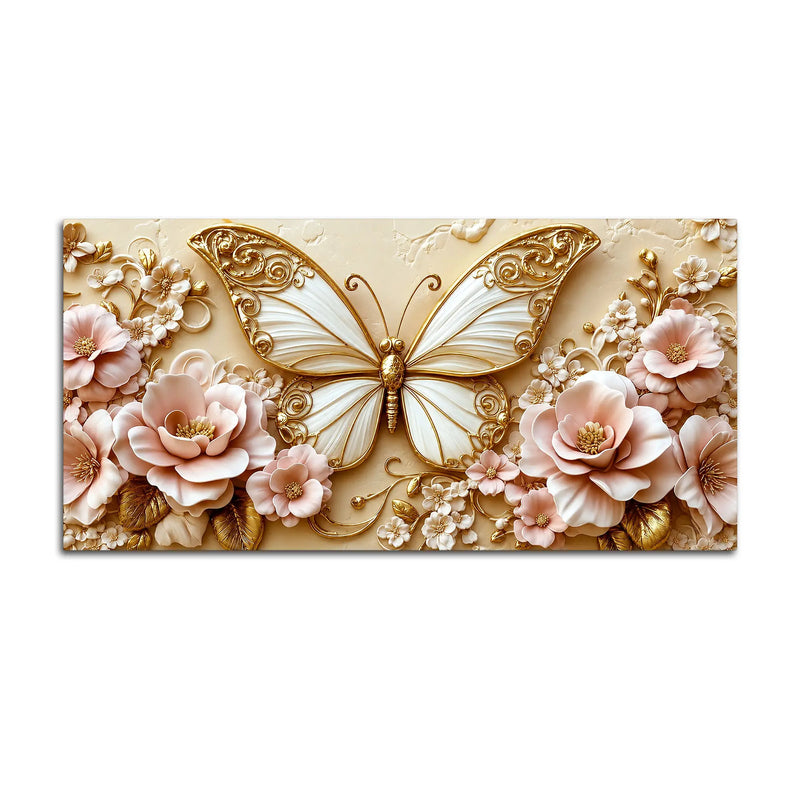 Graceful Butterfly Among Pink Flowers Premium 3D Canvas Wall Painting