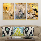 Graceful Crane Bird Canvas Wall Painting for Living Room Set of Three