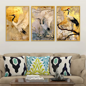 Graceful Crane Bird Canvas Wall Painting for Living Room Set of Three