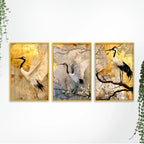 Graceful Crane Bird Canvas Wall Painting for Living Room Set of Three