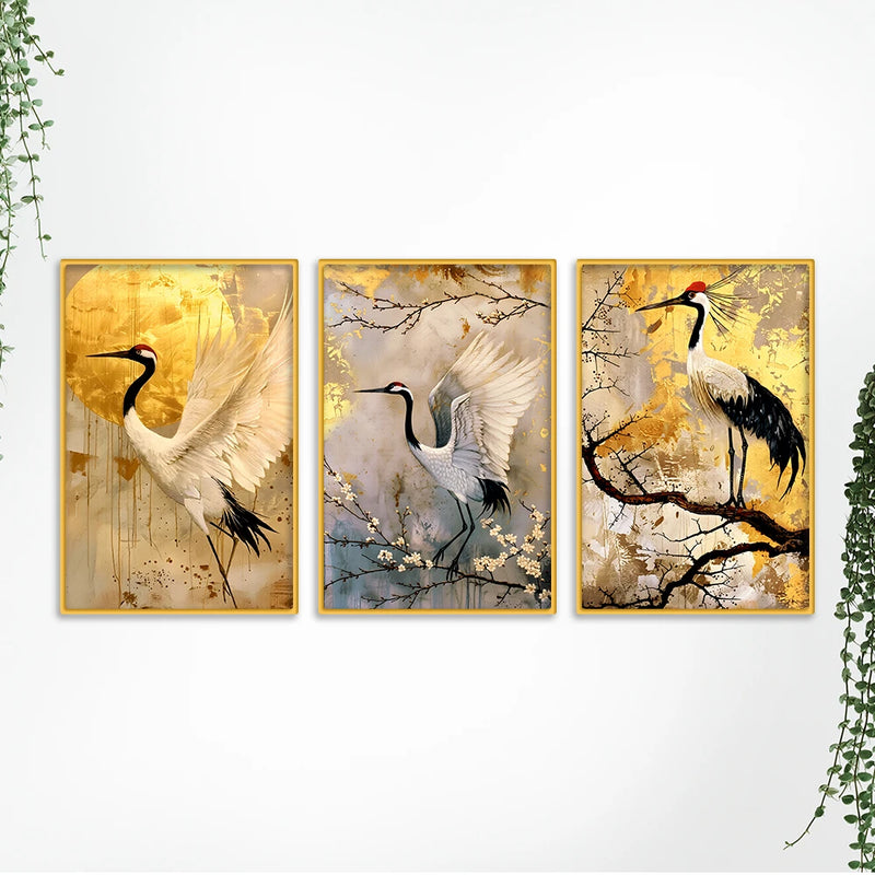 Graceful Crane Bird Canvas Wall Painting for Living Room Set of Three