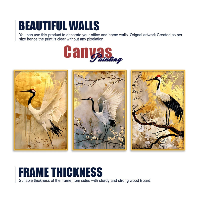 Graceful Crane Bird Canvas Wall Painting for Living Room Set of Three