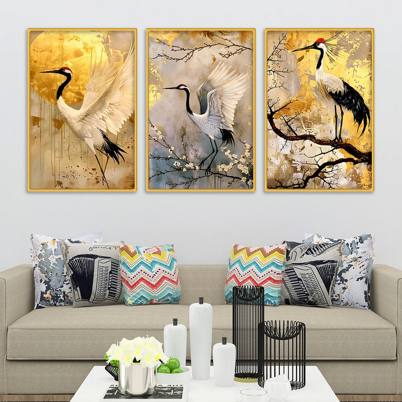 Graceful Crane Bird Canvas Wall Painting for Living Room Set of Three