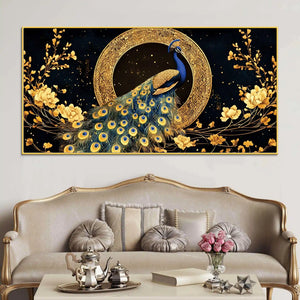 graceful-elegant-peacock-sitting-on-golden-floral-branch-canvas-wall-painting
