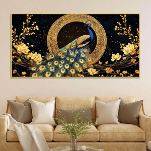 Graceful Elegant Peacock Sitting On Golden Floral Branch Canvas Wall Painting