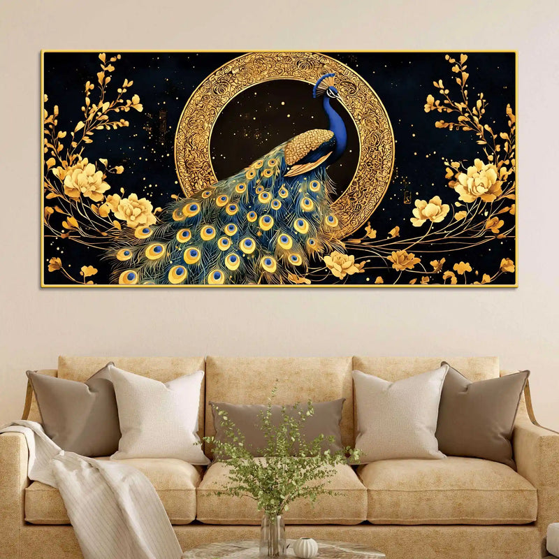Graceful Elegant Peacock Sitting On Golden Floral Branch Canvas Wall Painting