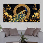 Graceful Elegant Peacock Sitting On Golden Floral Branch Canvas Wall Painting