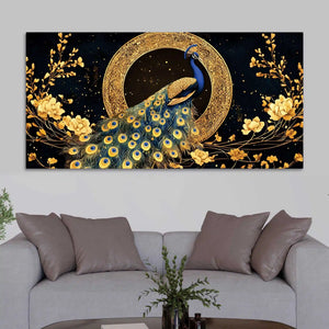 Graceful Elegant Peacock Sitting On Golden Floral Branch Canvas Wall Painting